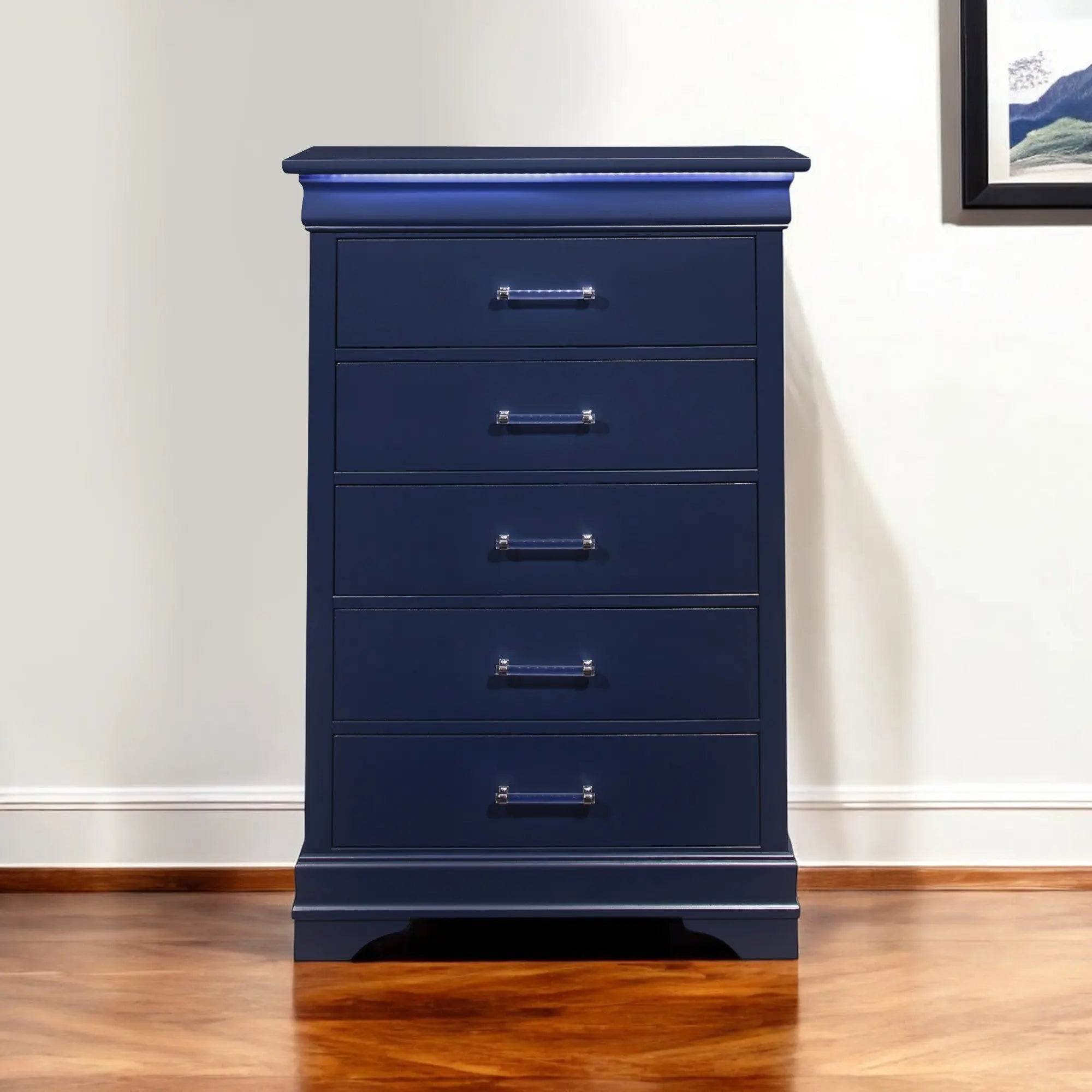 16" Blue Solid Wood Five Drawer Chest With LED Lighting - GreatEagleInc