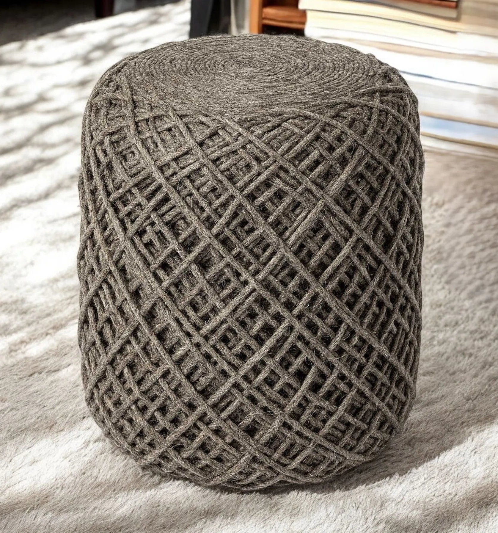 16" Brown Upholstery Cylinder Abstract Pouf Ottoman Homeroots Living Room