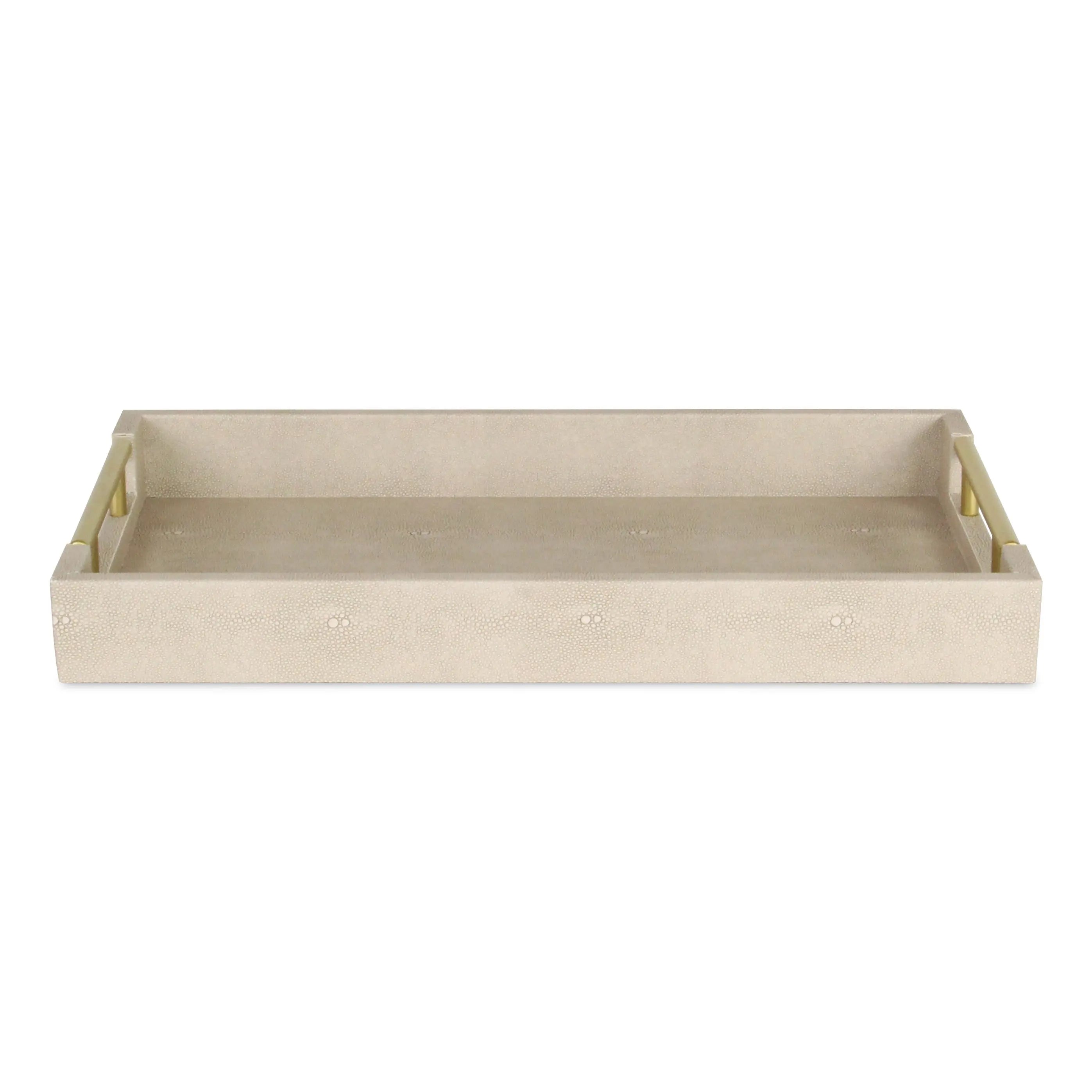 16" Cream Wood and Vinyl Faux Shagreen Serving Tray With Gold Handles Homeroots Kitchen & Dining