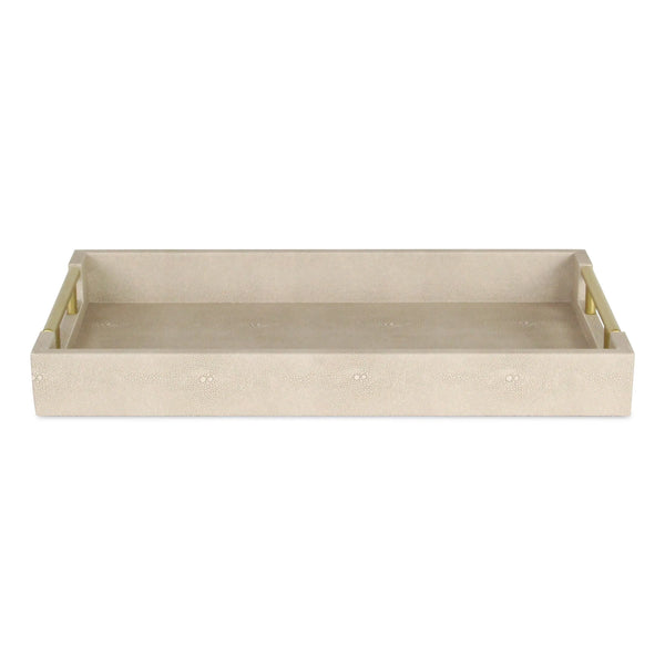 16" Cream Wood and Vinyl Faux Shagreen Serving Tray With Gold Handles Homeroots Kitchen & Dining
