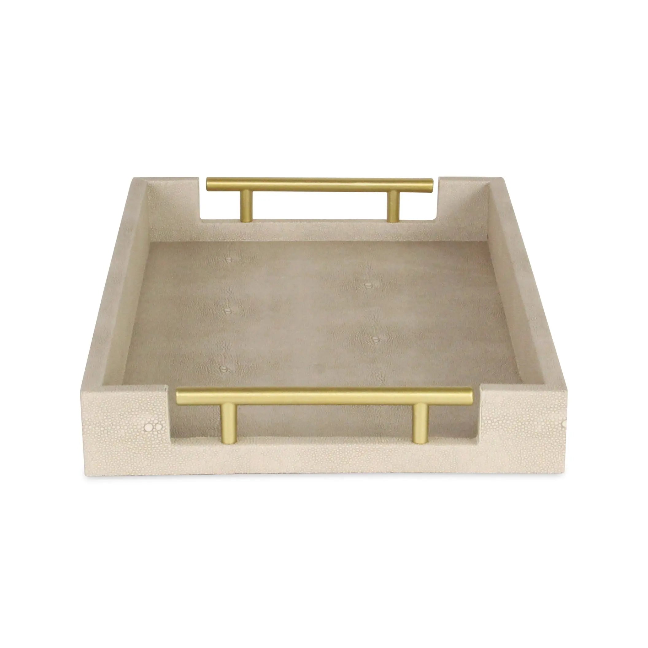 16" Cream Wood and Vinyl Faux Shagreen Serving Tray With Gold Handles Homeroots Kitchen & Dining