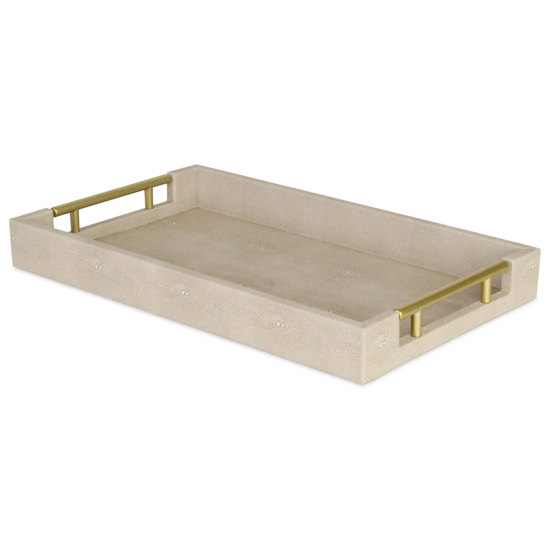 16" Cream Wood and Vinyl Faux Shagreen Serving Tray With Gold Handles Homeroots Kitchen & Dining
