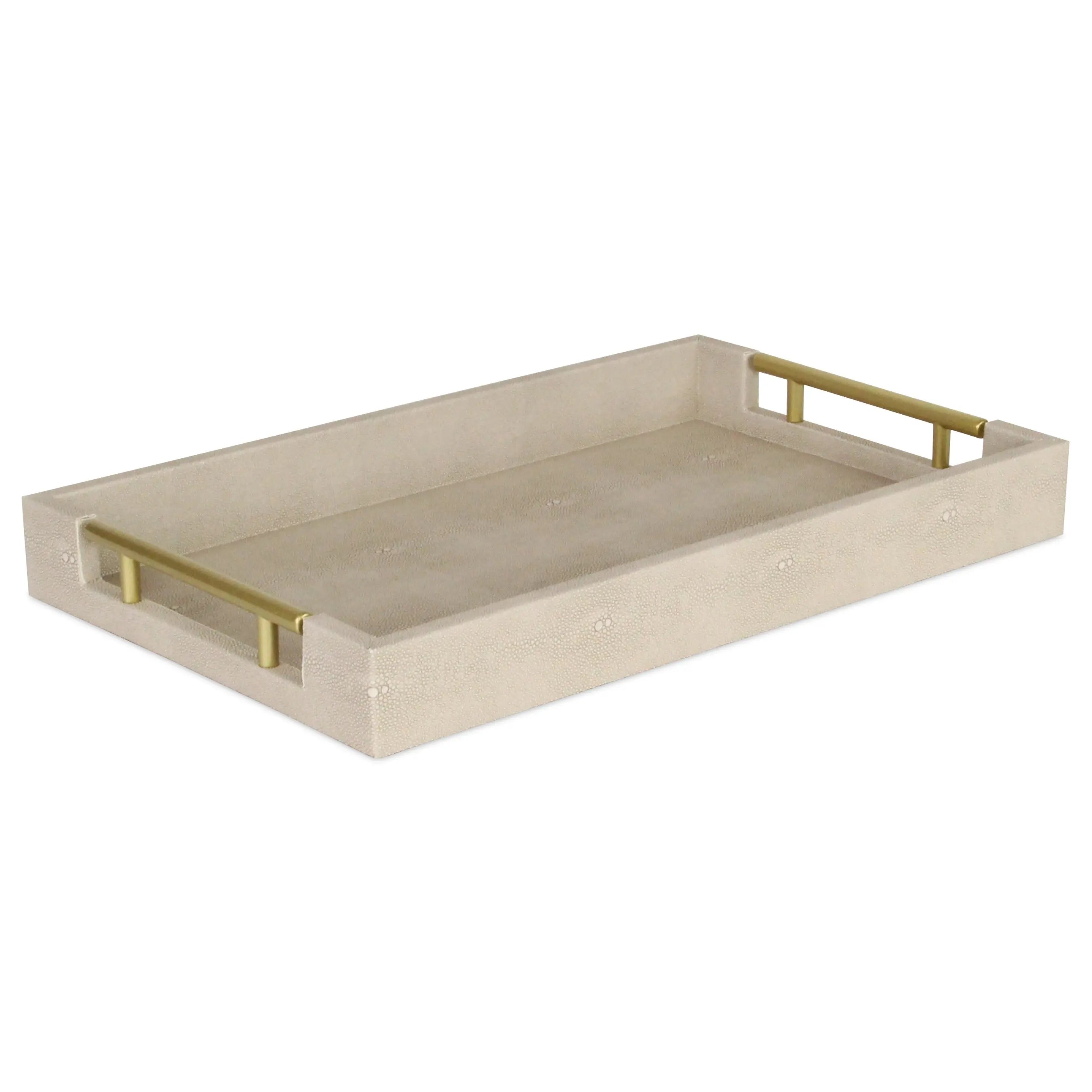 16" Cream Wood and Vinyl Faux Shagreen Serving Tray With Gold Handles Homeroots Kitchen & Dining