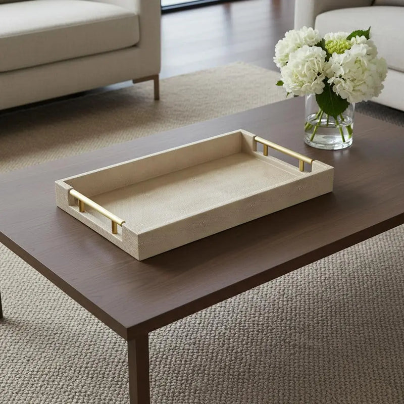 16" Cream Wood and Vinyl Faux Shagreen Serving Tray With Gold Handles Homeroots Kitchen & Dining