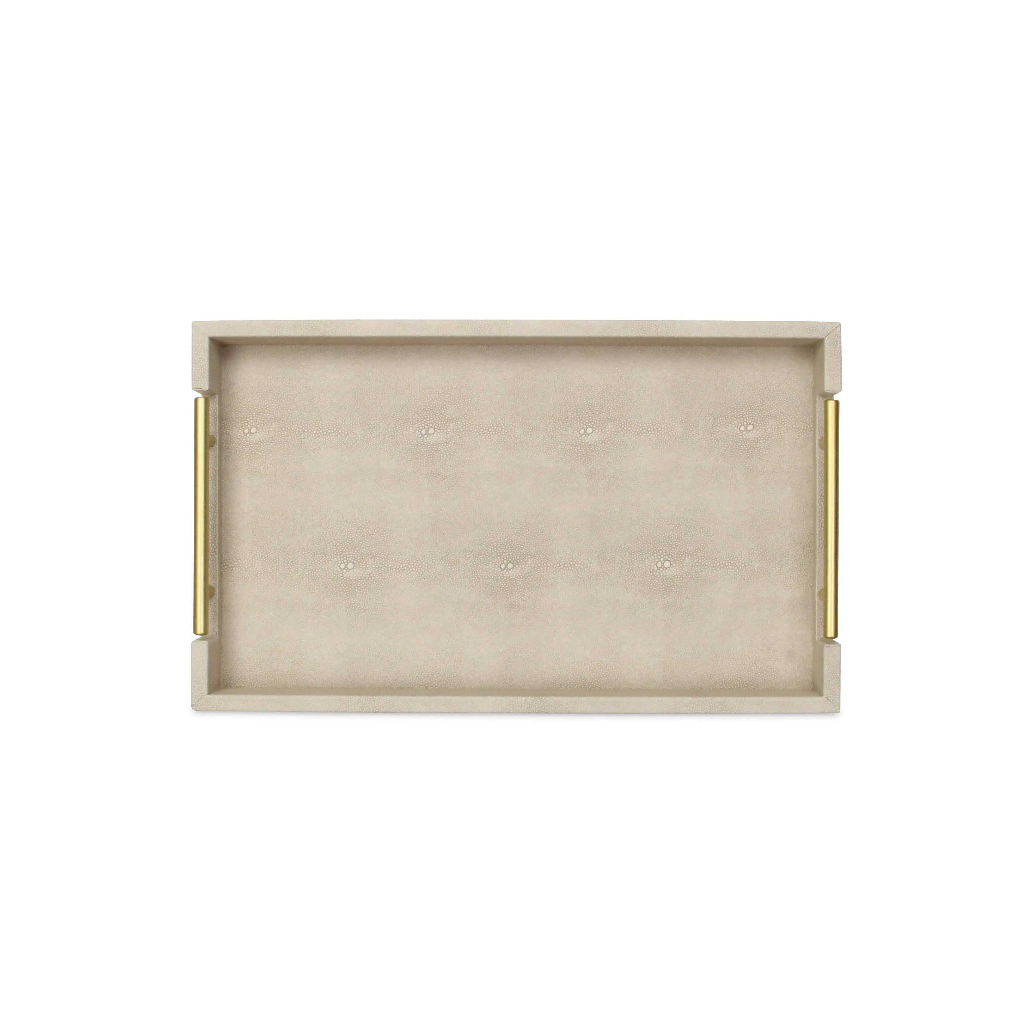 16" Cream Wood and Vinyl Faux Shagreen Serving Tray With Gold Handles Homeroots Kitchen & Dining