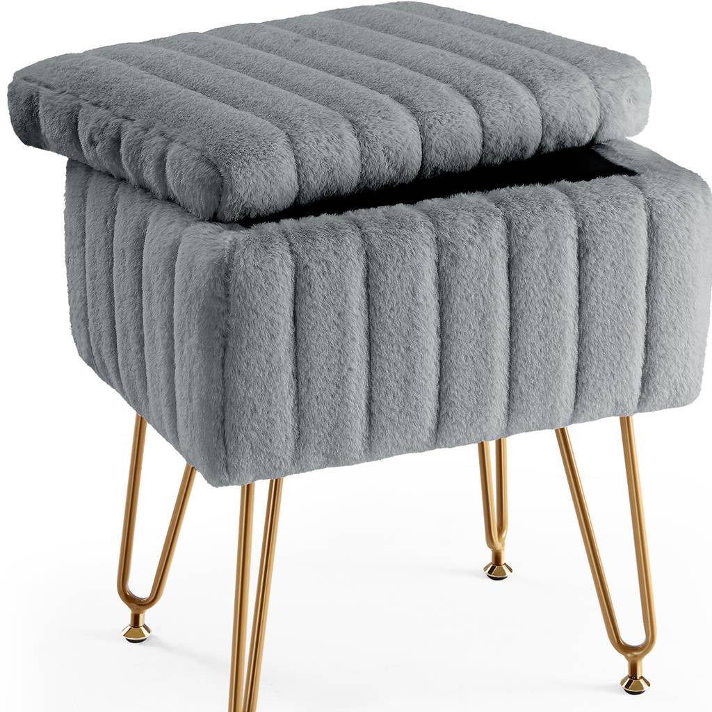 16" Gray and Gold Faux Fur Storage Ottoman Homeroots Living Room