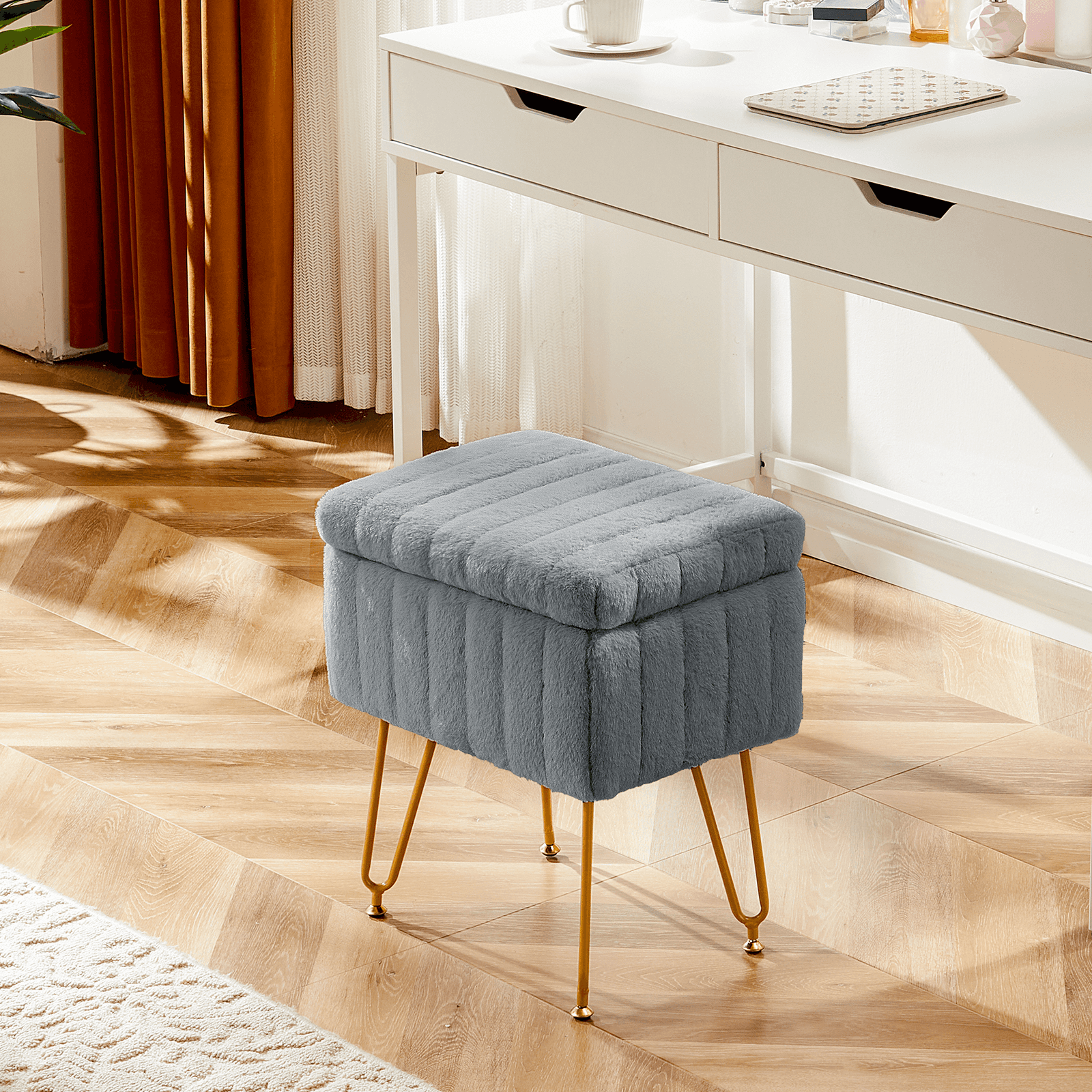 16" Gray and Gold Faux Fur Storage Ottoman Homeroots Living Room