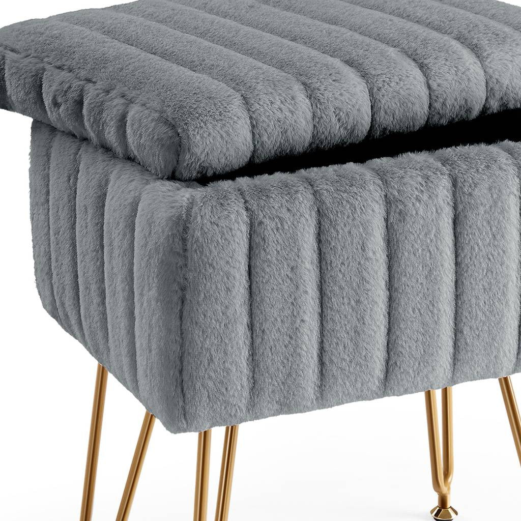 16" Gray and Gold Faux Fur Storage Ottoman Homeroots Living Room