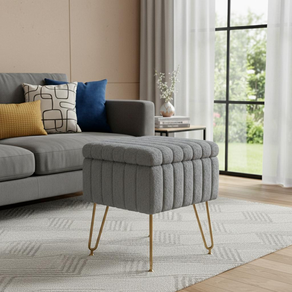 16" Gray and Gold Faux Fur Storage Ottoman Homeroots Living Room