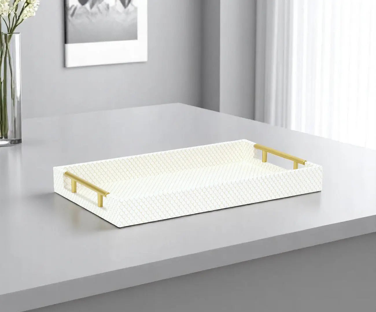 16" Ivory And Gold Geometric Print Handmade Serving Tray With Handles Homeroots Kitchen & Dining