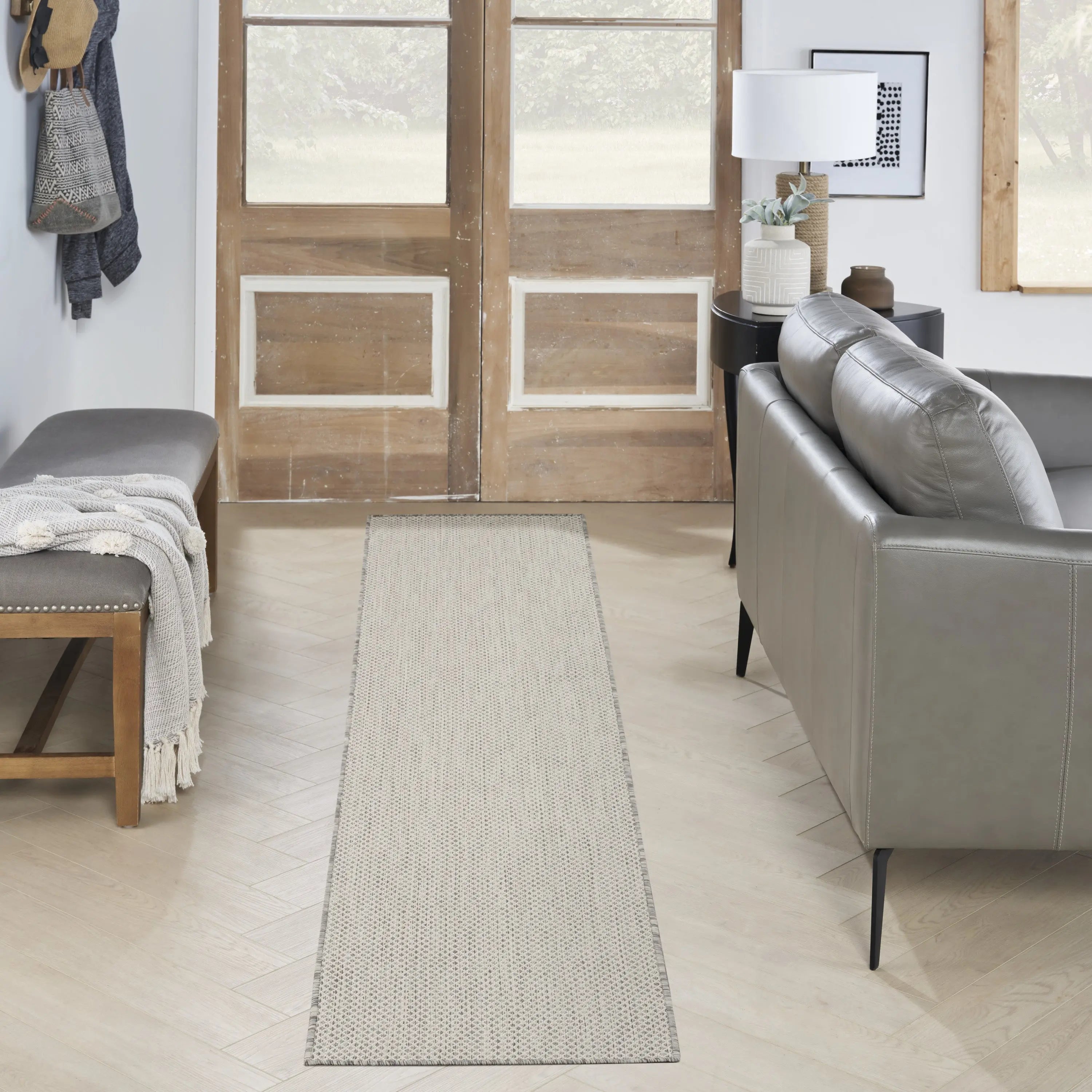 16' Ivory And Silver Geometric Indoor Outdoor Runner Rug Homeroots Outdoor