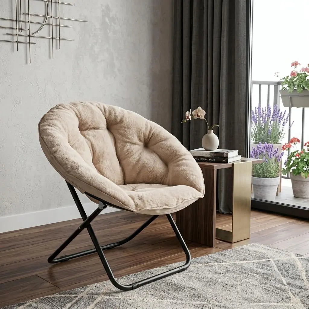 16" Peach Tufted Faux Fur and Metal Folding Lounge Chair Homeroots Living Room