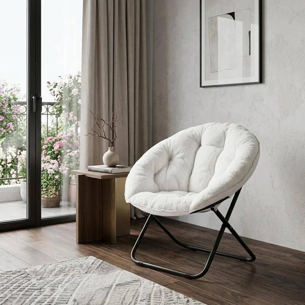 16" White Tufted Faux Fur and Metal Folding Lounge Chair Homeroots Living Room