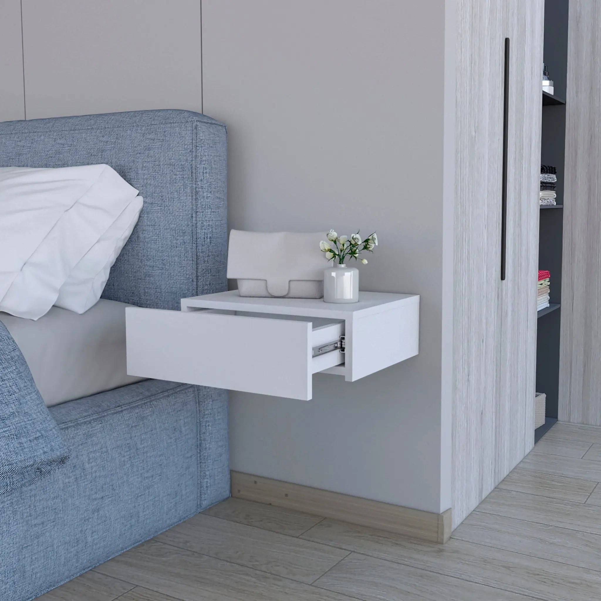 16" White Wood One Drawer Floating Nightstand Homeroots Bed & Bath