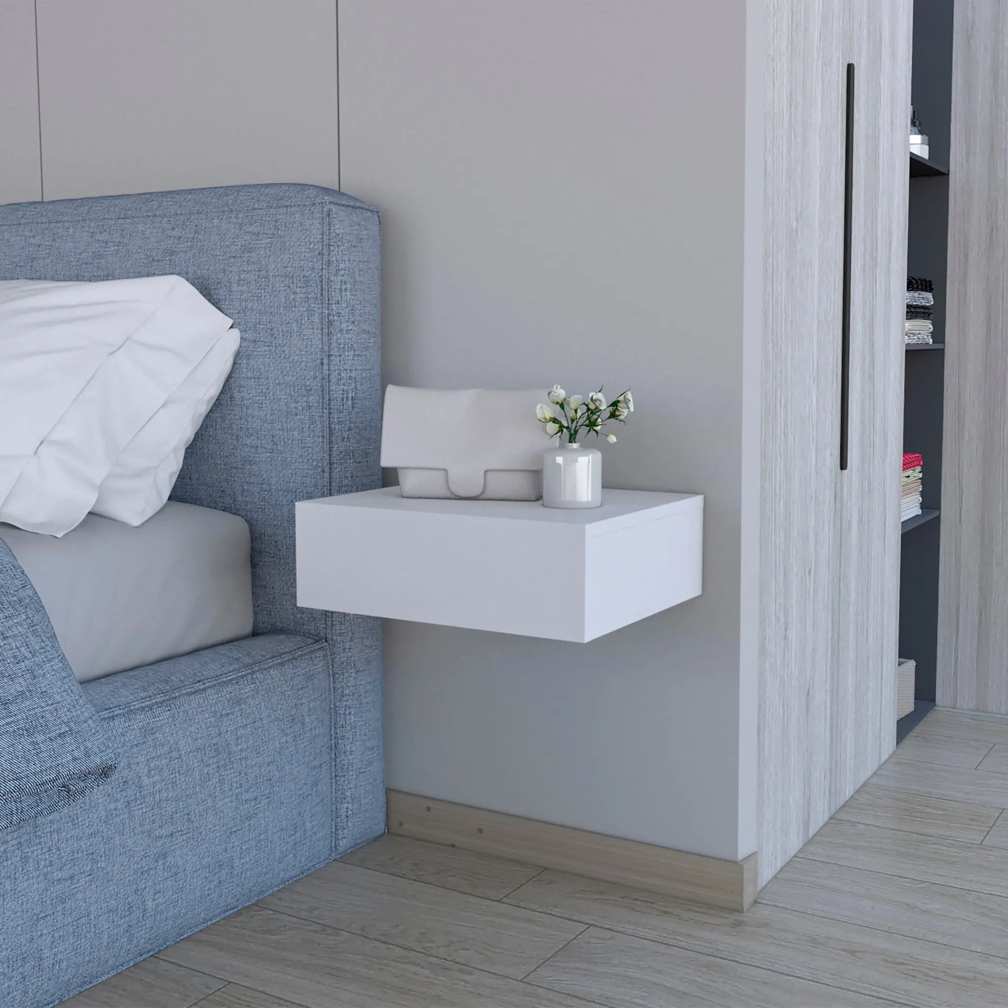 16" White Wood One Drawer Floating Nightstand Homeroots Bed & Bath