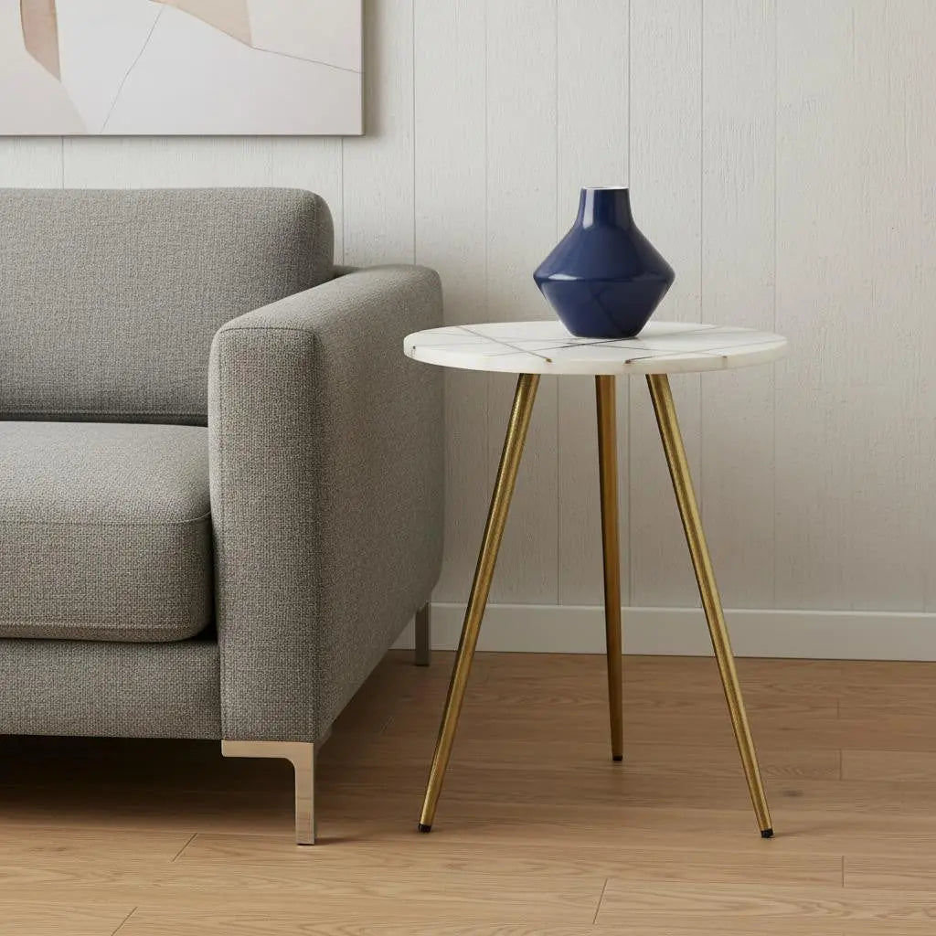 16" White and Gold Stone and Metal Tray Table Homeroots Living Room
