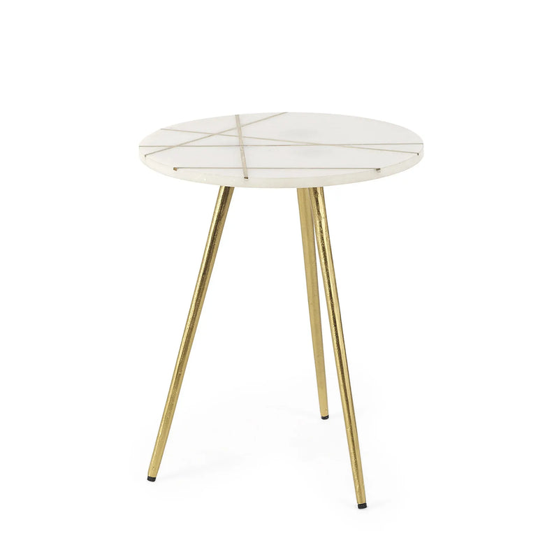 16" White and Gold Stone and Metal Tray Table Homeroots Living Room