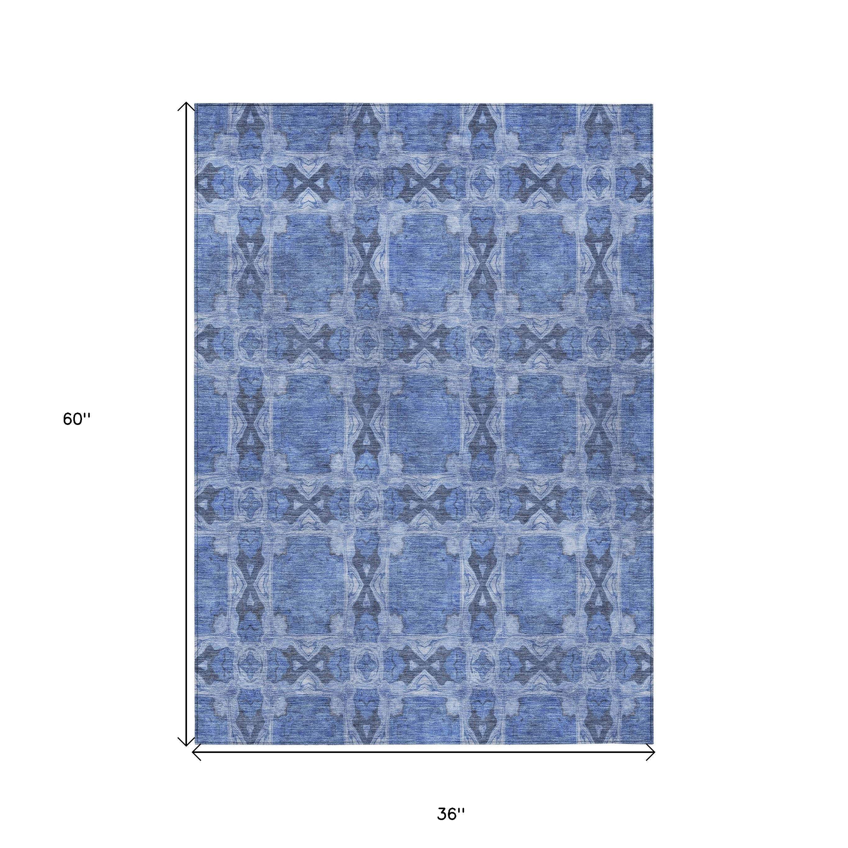 3' X 5' Denim Blue and Gray Floral Medallion Washable Non Skid Indoor Outdoor Area Rug - GreatEagleInc