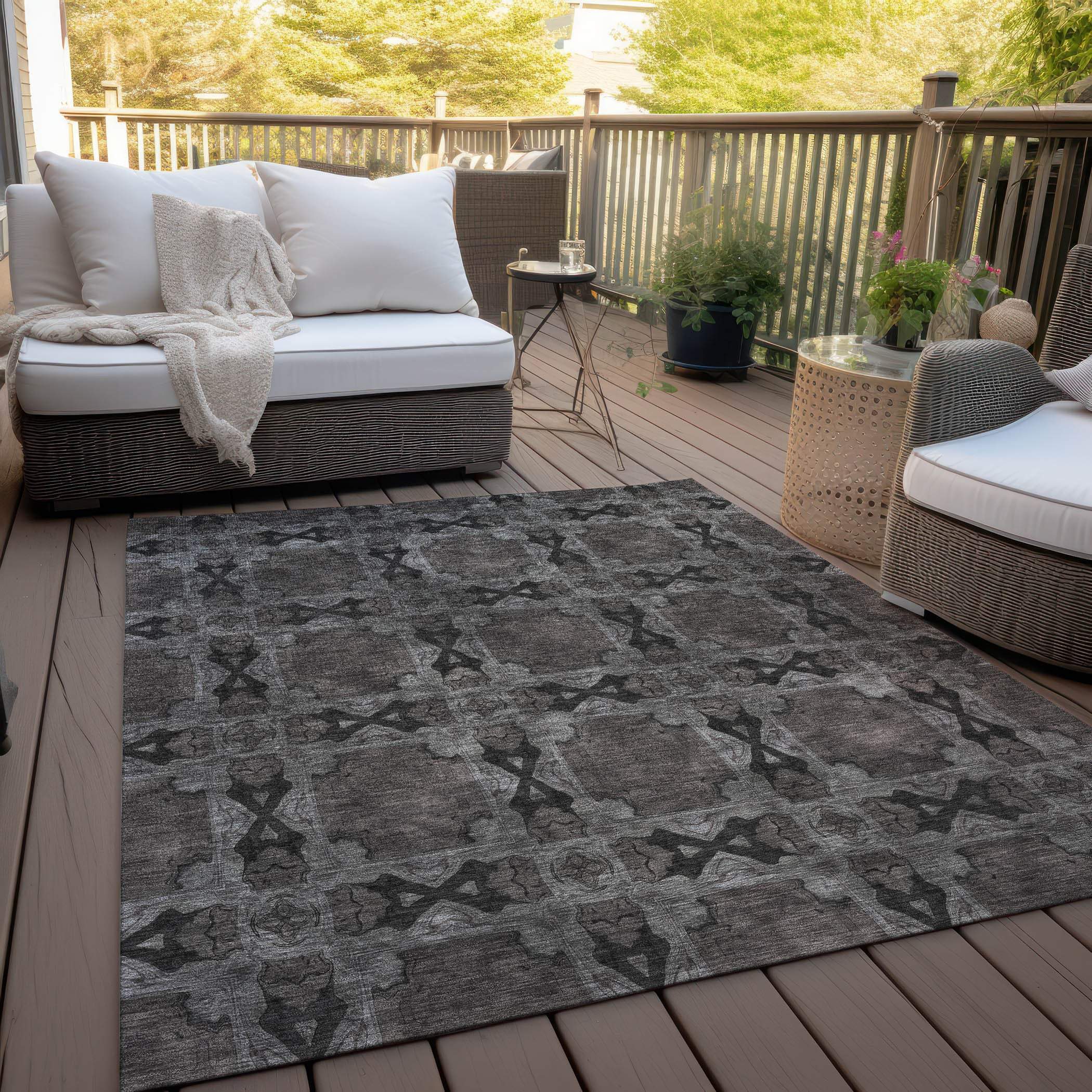 9' X 12' Gray and Black Floral Medallion Washable Non Skid Indoor Outdoor Area Rug - GreatEagleInc