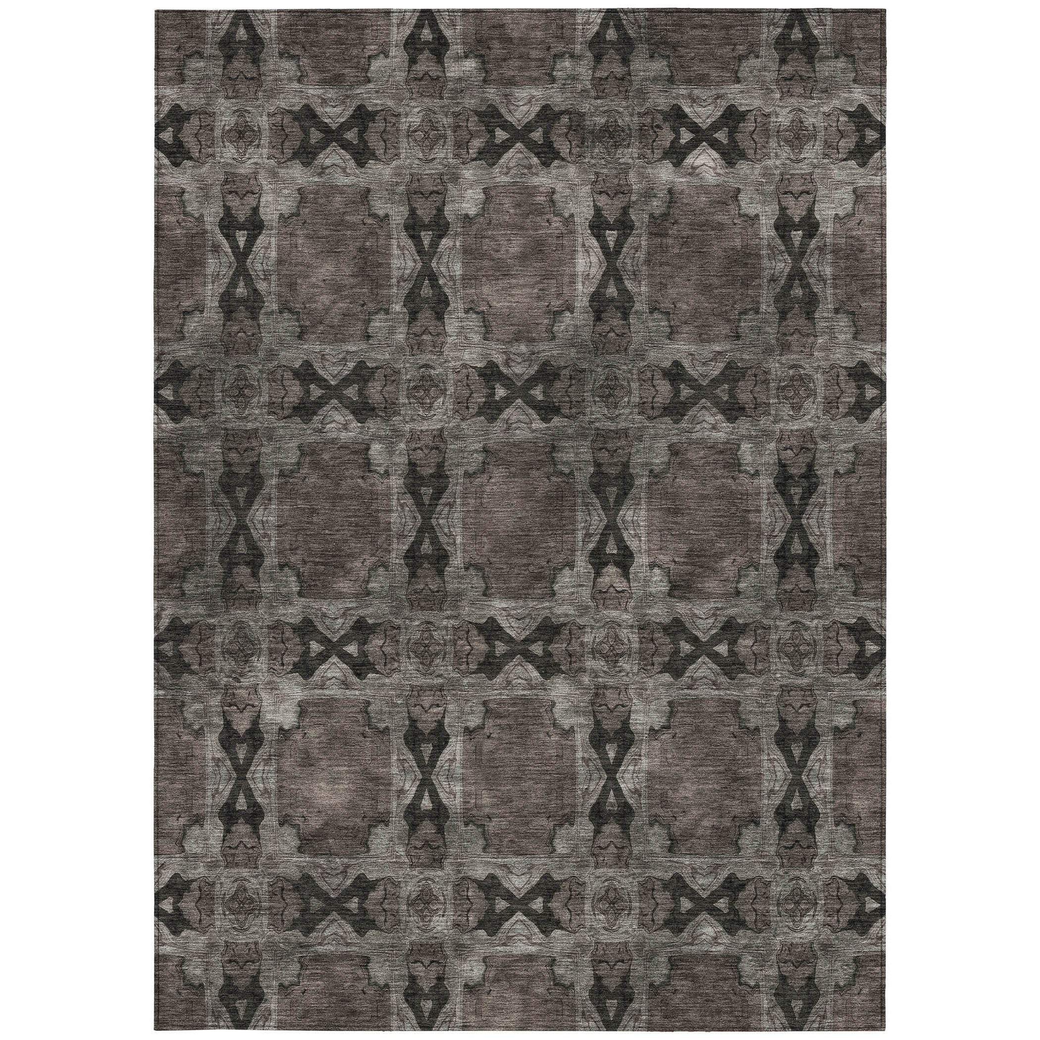 9' X 12' Gray and Black Floral Medallion Washable Non Skid Indoor Outdoor Area Rug - GreatEagleInc
