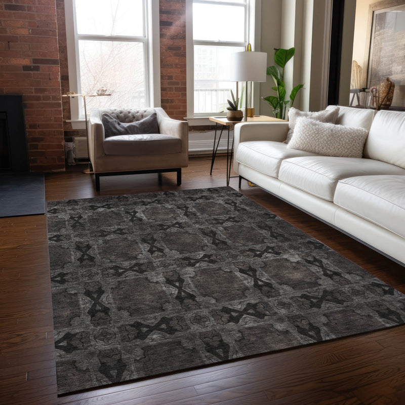 9' X 12' Gray and Black Floral Medallion Washable Non Skid Indoor Outdoor Area Rug - GreatEagleInc