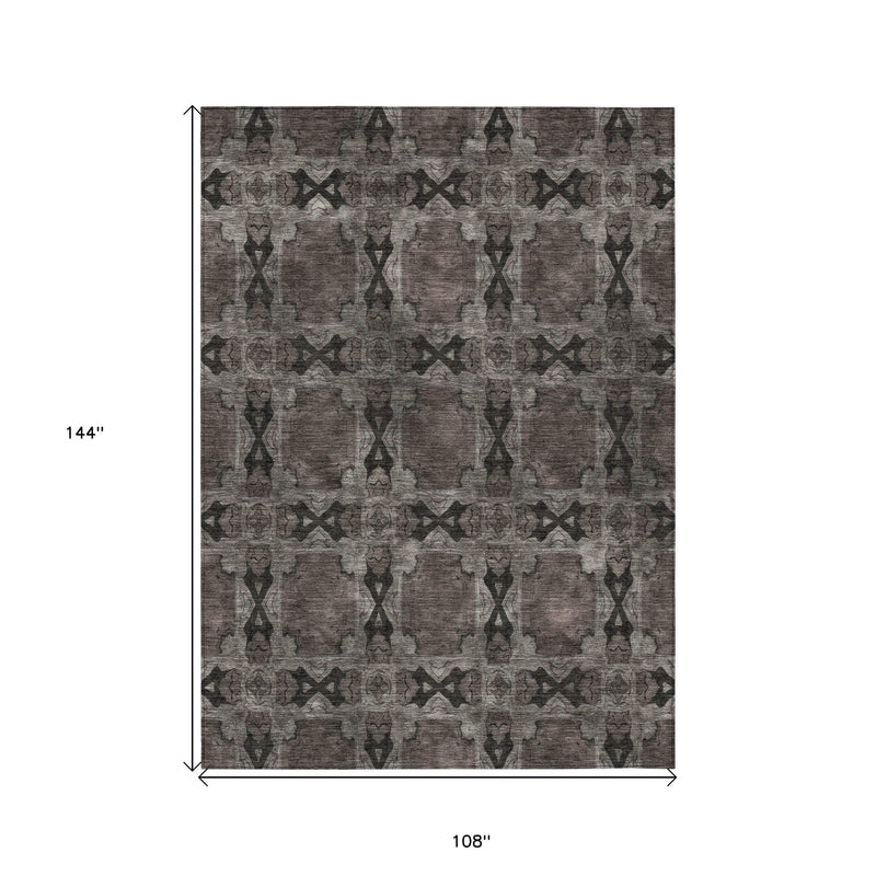 9' X 12' Gray and Black Floral Medallion Washable Non Skid Indoor Outdoor Area Rug - GreatEagleInc