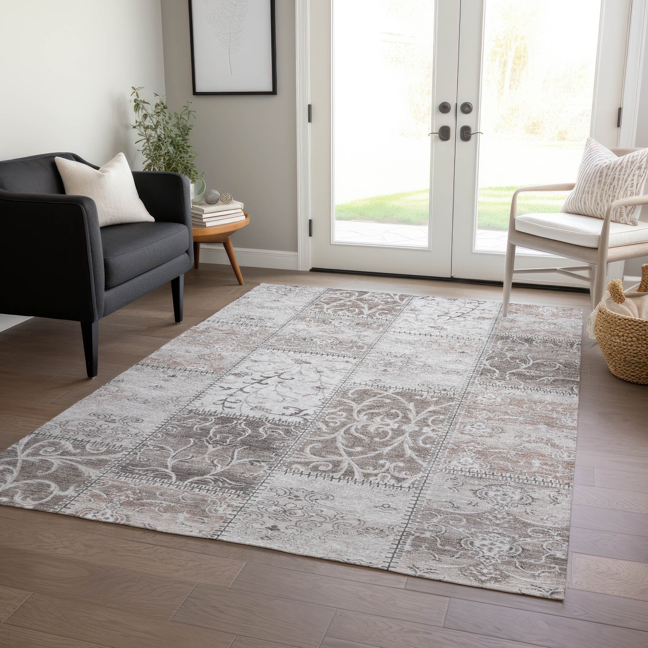 10' X 14' Taupe and Ivory Patchwork Washable Non Skid Indoor Outdoor Area Rug - GreatEagleInc