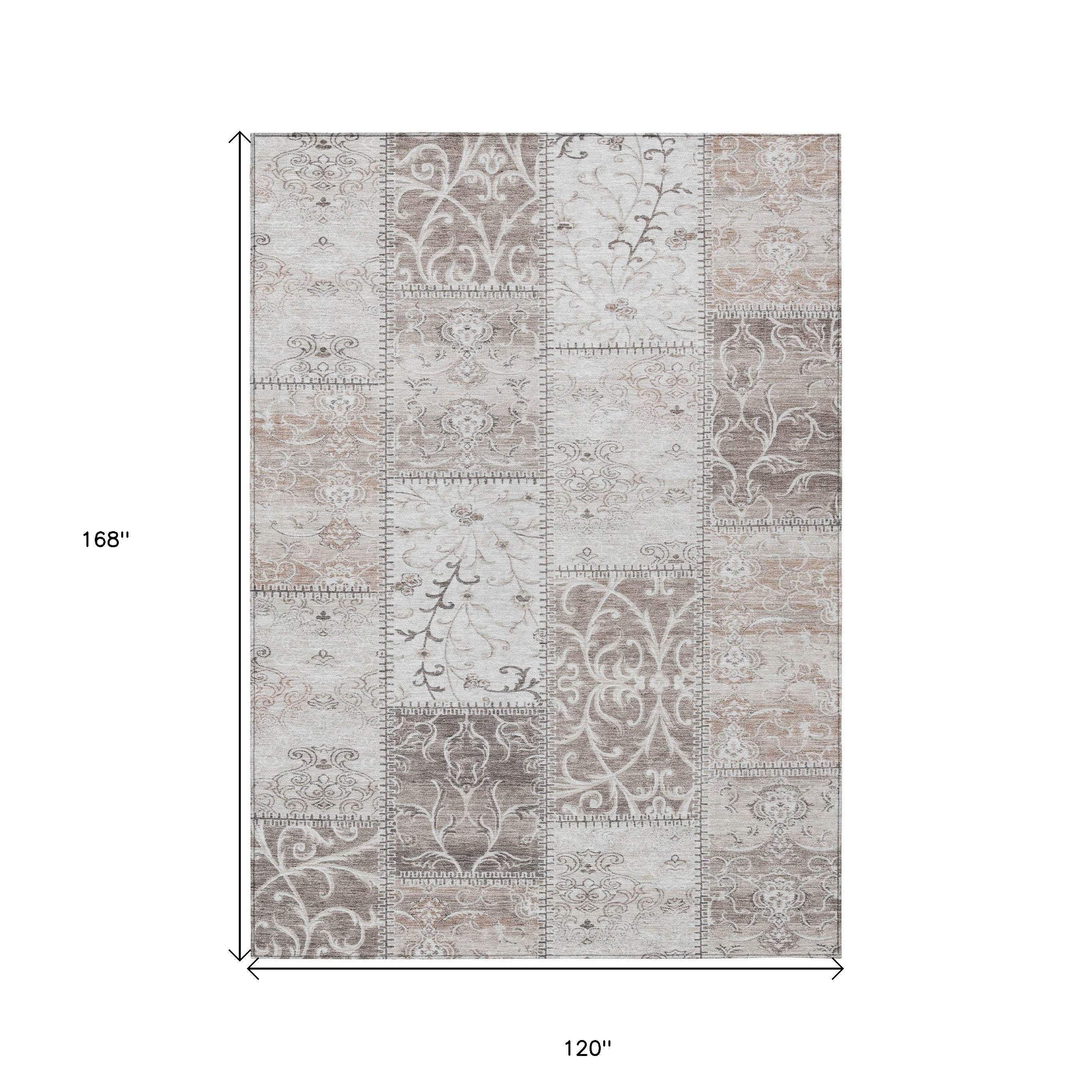 10' X 14' Taupe and Ivory Patchwork Washable Non Skid Indoor Outdoor Area Rug - GreatEagleInc