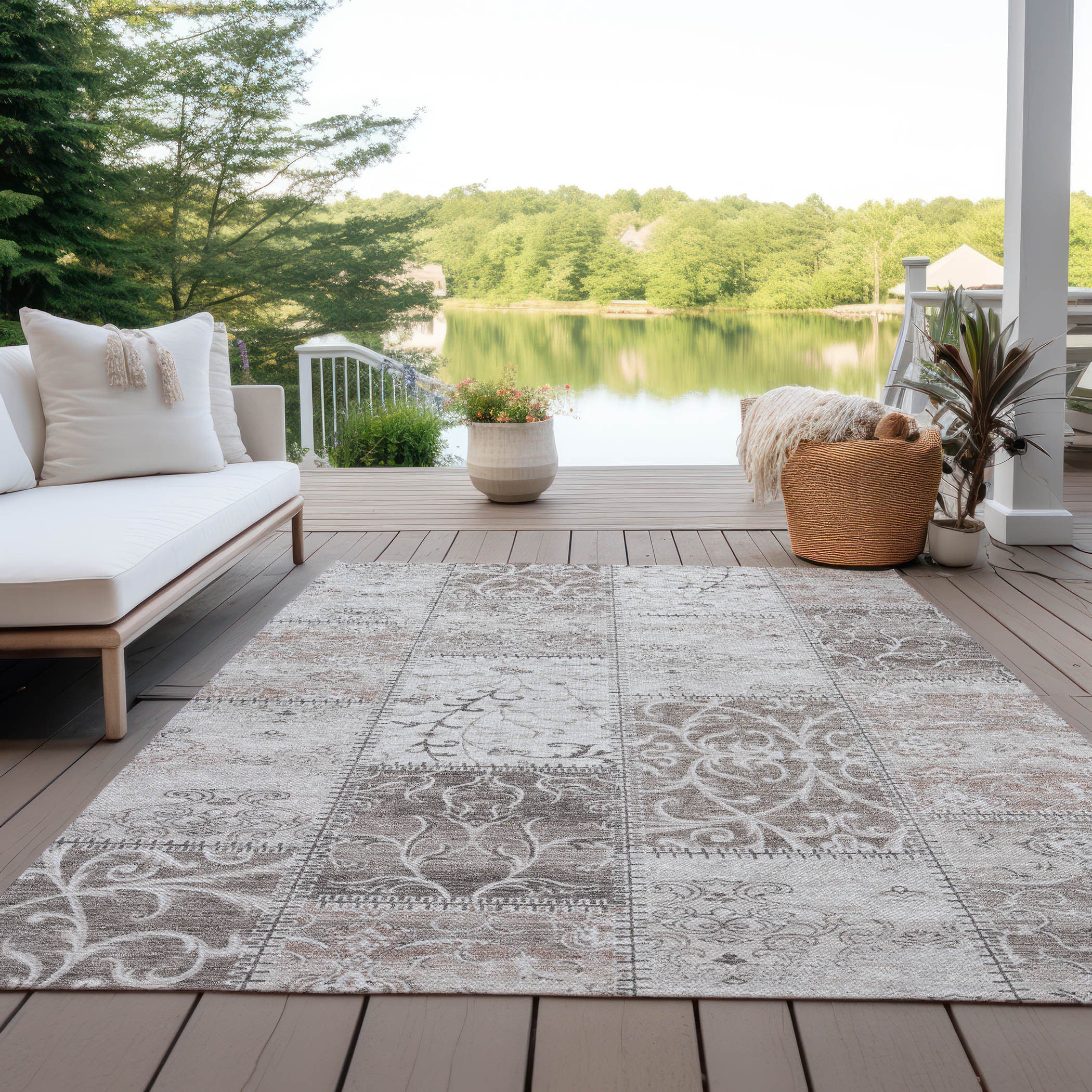 10' X 14' Taupe and Ivory Patchwork Washable Non Skid Indoor Outdoor Area Rug - GreatEagleInc