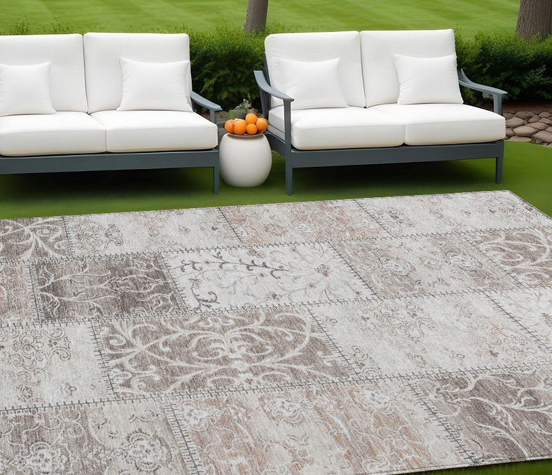 10' X 14' Taupe and Ivory Patchwork Washable Non Skid Indoor Outdoor Area Rug - GreatEagleInc