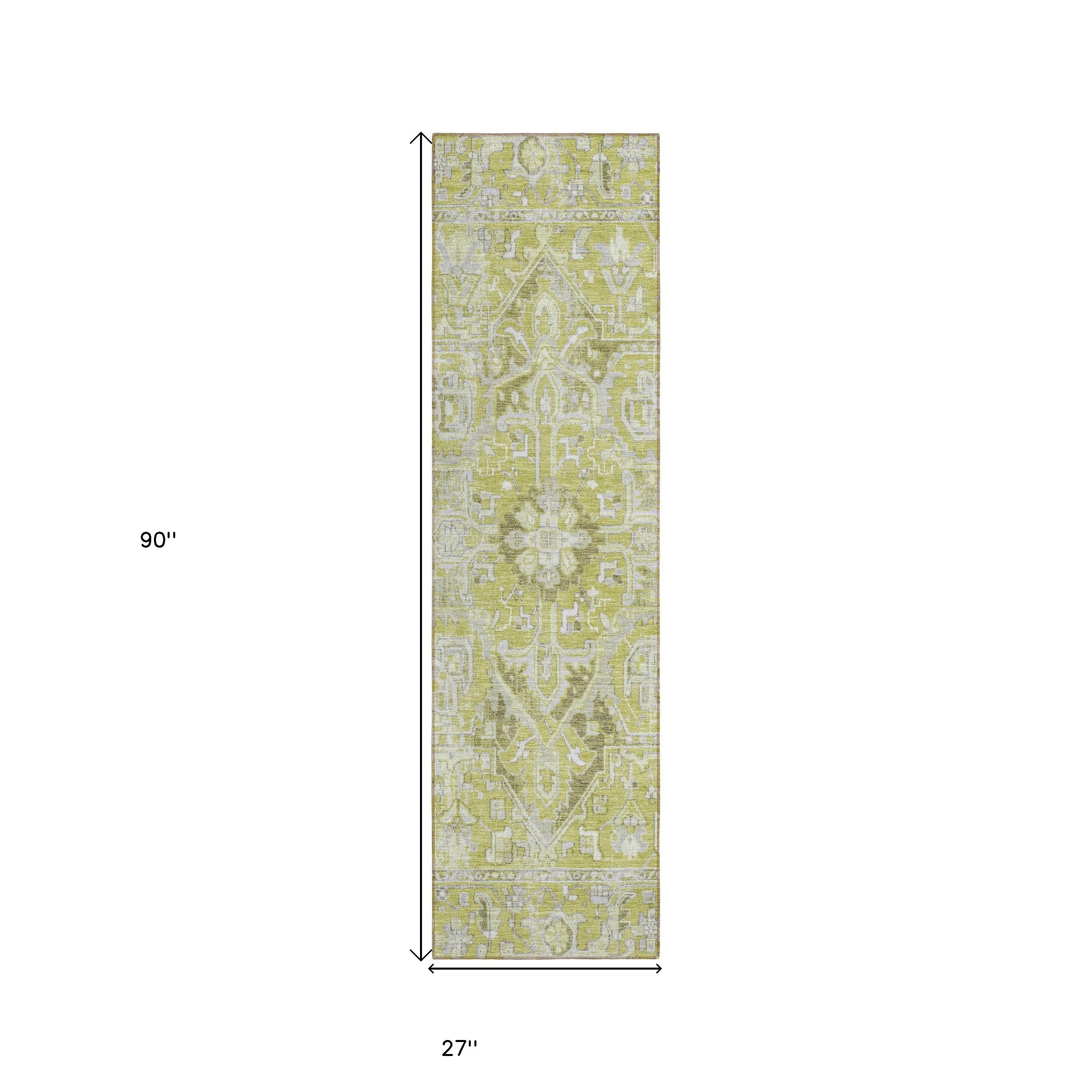 8' Runner Artichoke Green Oriental Washable Non Skid Indoor Outdoor Runner Rug - GreatEagleInc