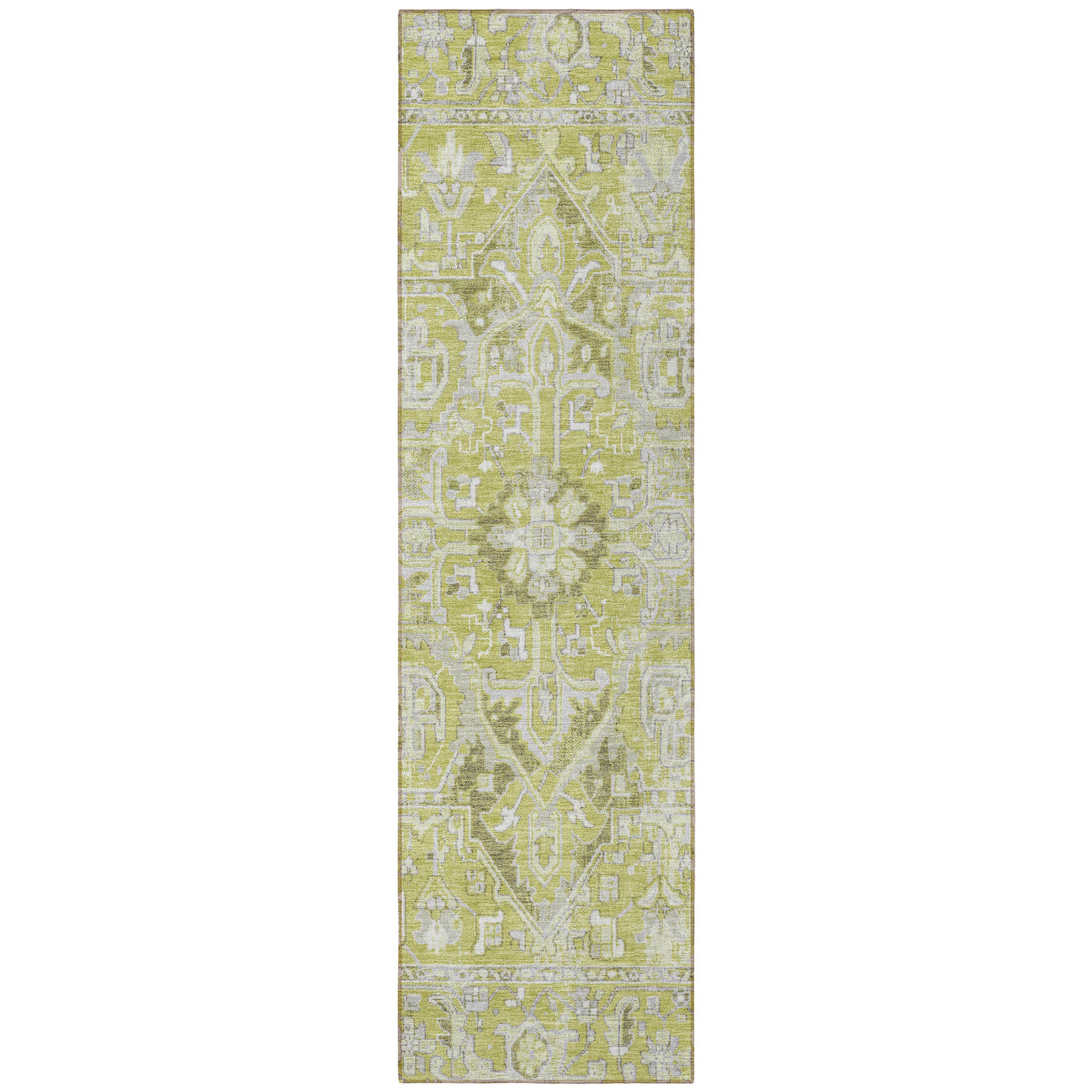 8' Runner Artichoke Green Oriental Washable Non Skid Indoor Outdoor Runner Rug - GreatEagleInc