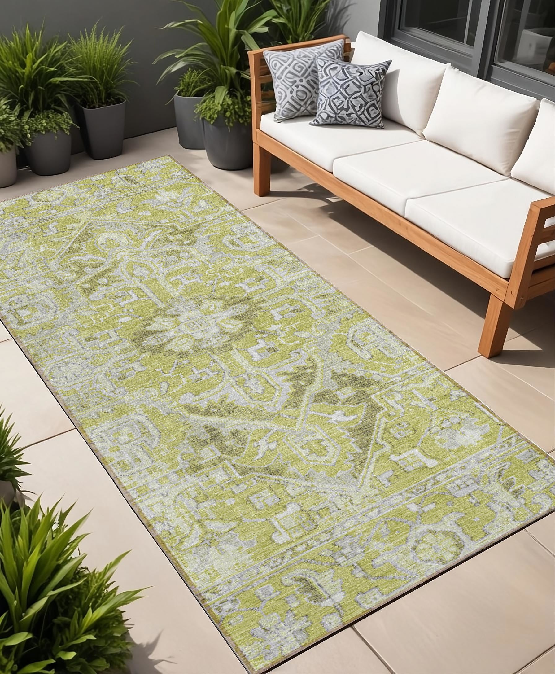 8' Runner Artichoke Green Oriental Washable Non Skid Indoor Outdoor Runner Rug - GreatEagleInc