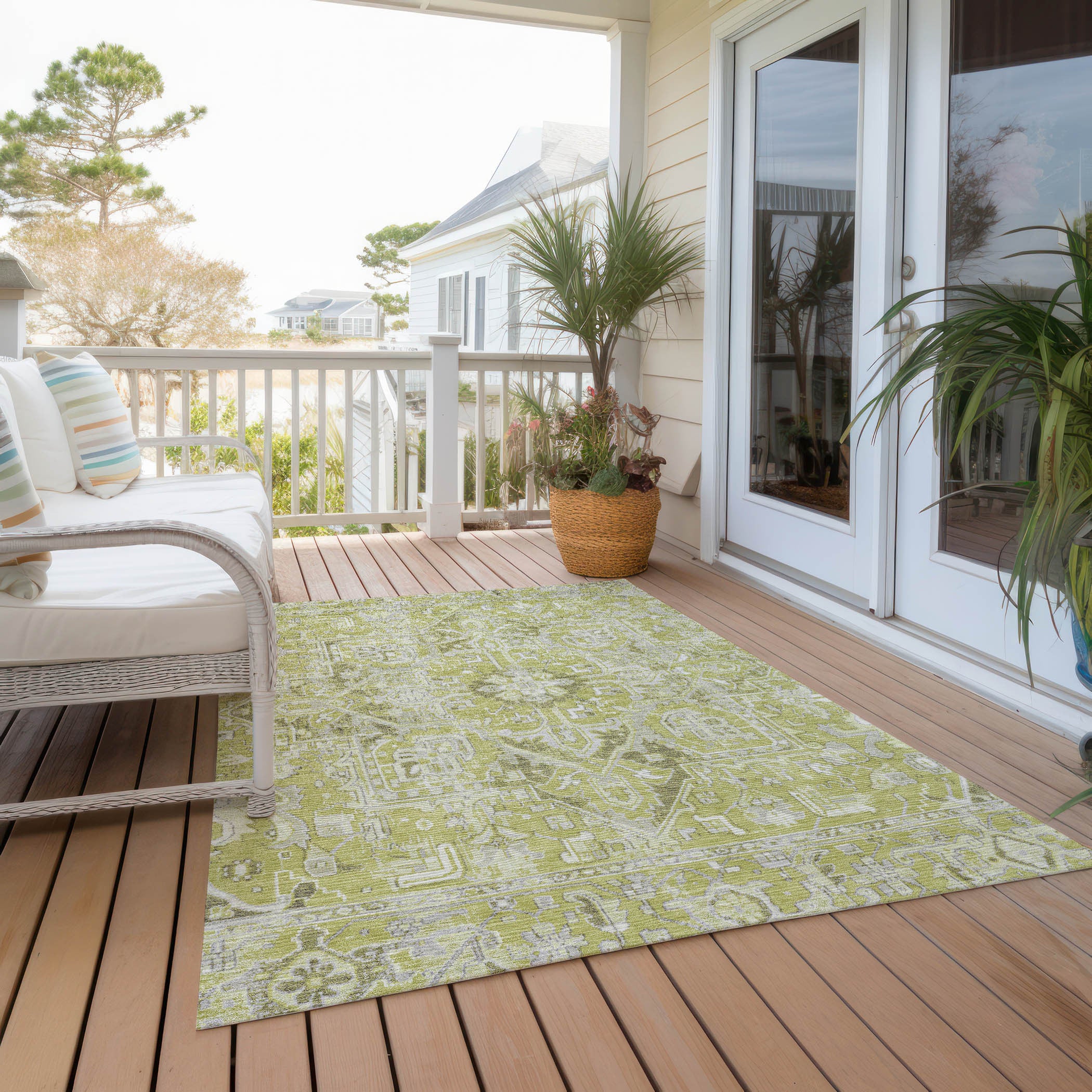 10' X 14' Artichoke Green Oriental Washable Non Skid Indoor Outdoor Area Rug - GreatEagleInc