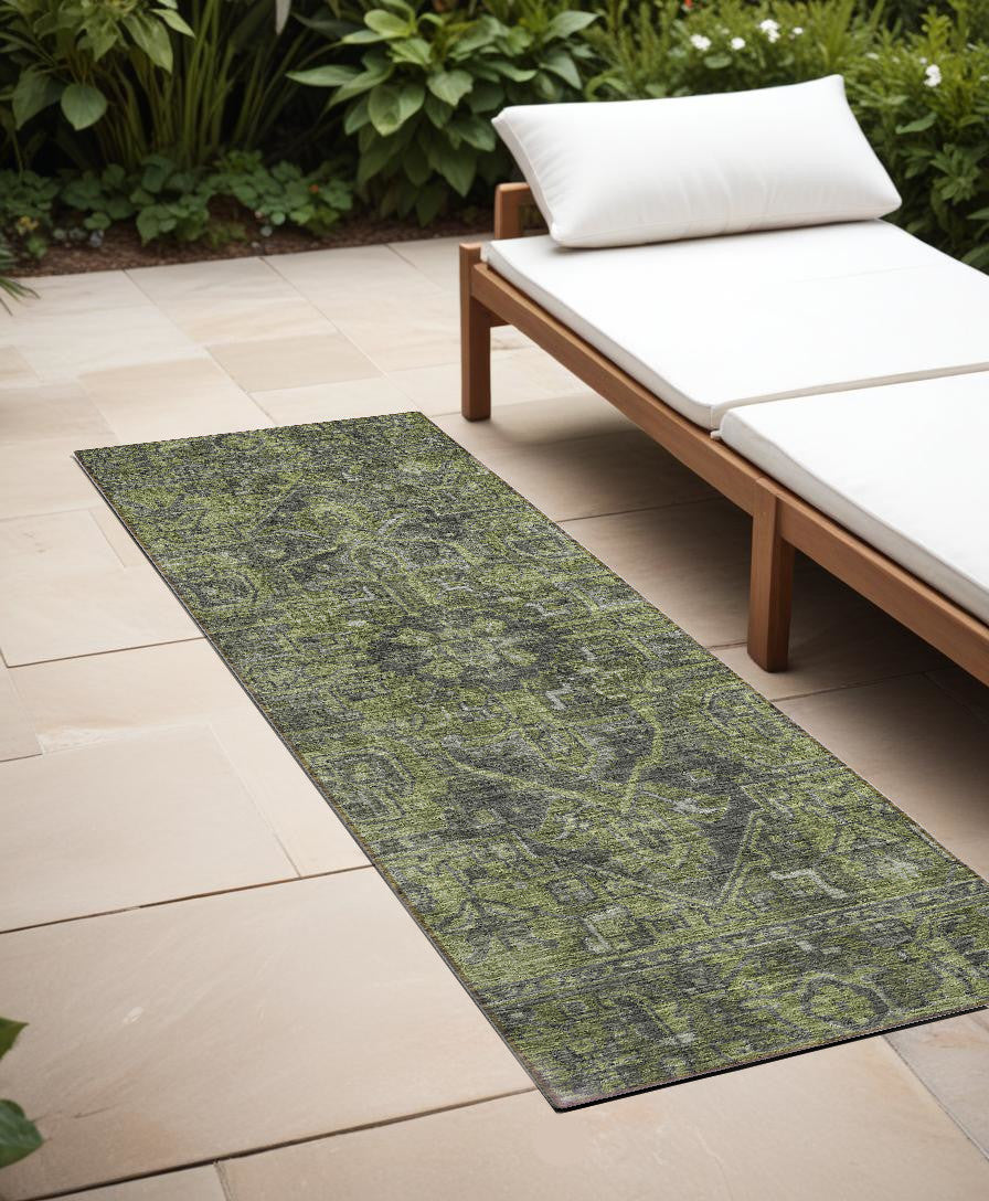 8' Runner Moss Green and Gray Oriental Washable Non Skid Indoor Outdoor Runner Rug - GreatEagleInc