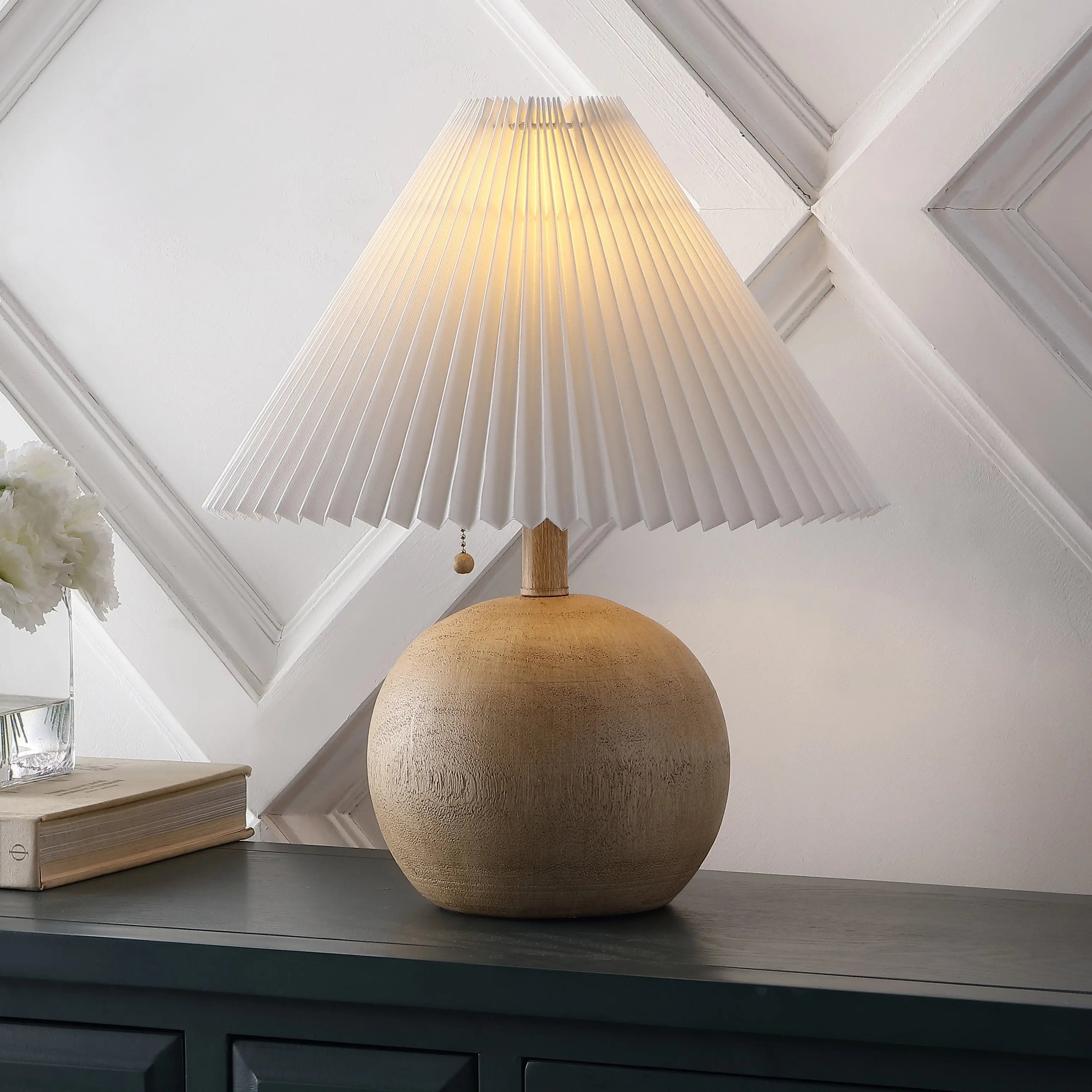 17" Beige Ribbed Round Table Lamp With Empire Shade Homeroots Lighting