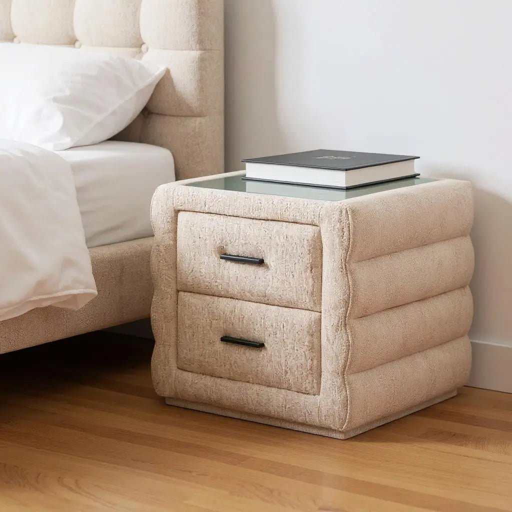 17" Beige Wood Square Woven Texture Two Drawer Nightstand Homeroots Bed & Bath