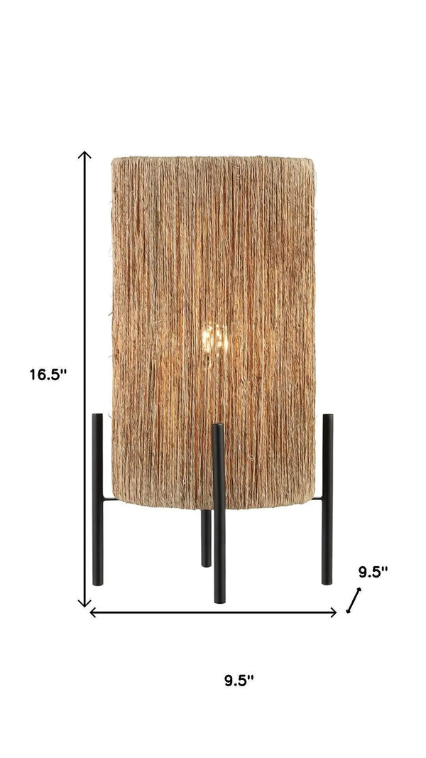 Natural grass woven lamp with black metal stand, 16.5" height and 9.5" width; perfect for modern boho decor.