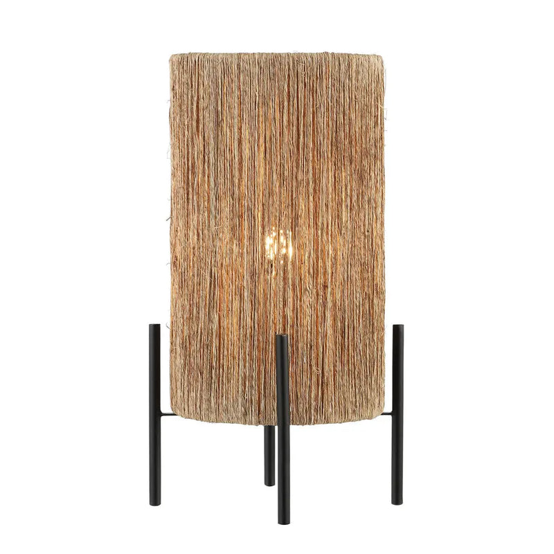 Natural fiber table lamp with a textured straw shade and black metal base, perfect for modern rustic decor.