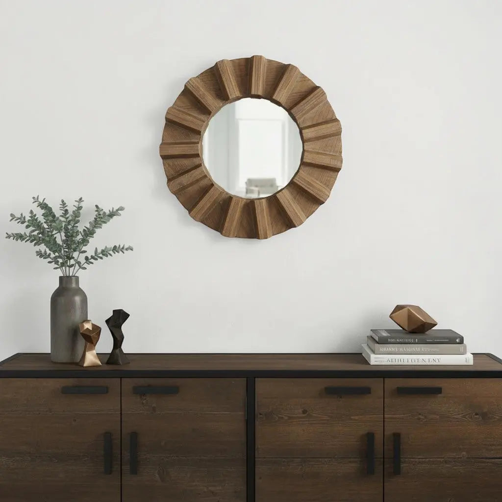 17" Brown Solid Wood Round Geometric Framed Accent Mirror Homeroots Bed & Bath
