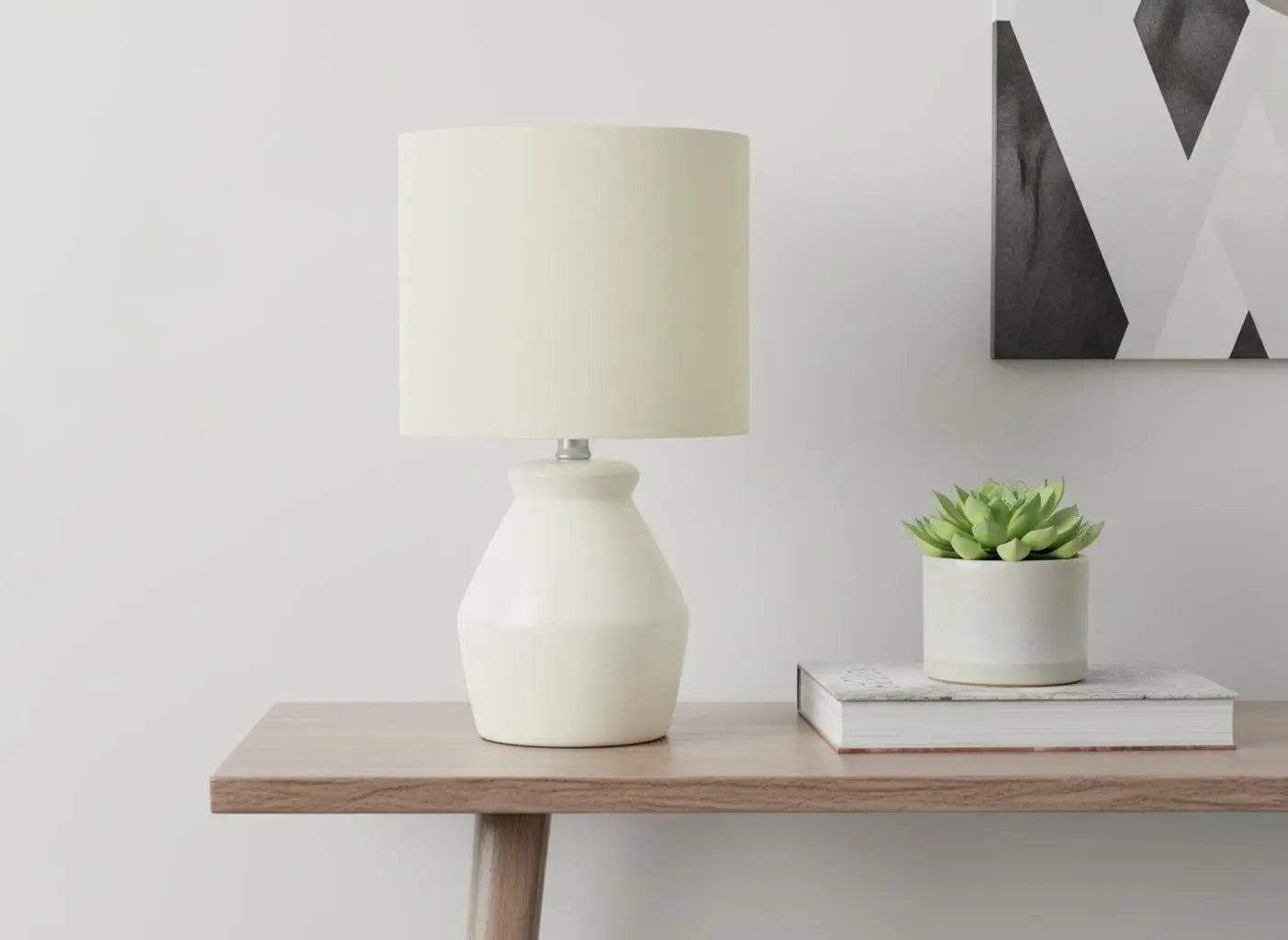 17" Cream Ceramic Geometric Table Lamp With Cream Drum Shade Homeroots Lighting