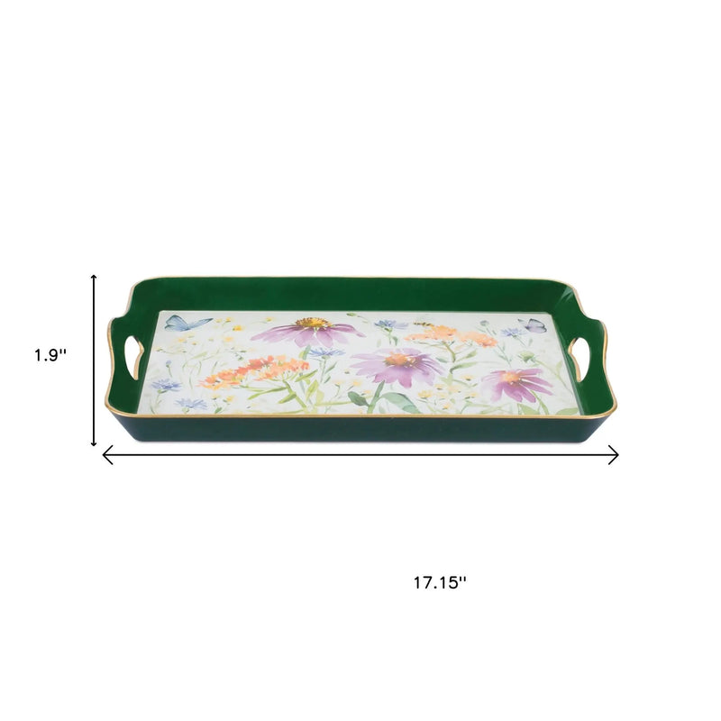 17" Green And White Watercolor Floral Serving Tray With Handles Homeroots Kitchen & Dining