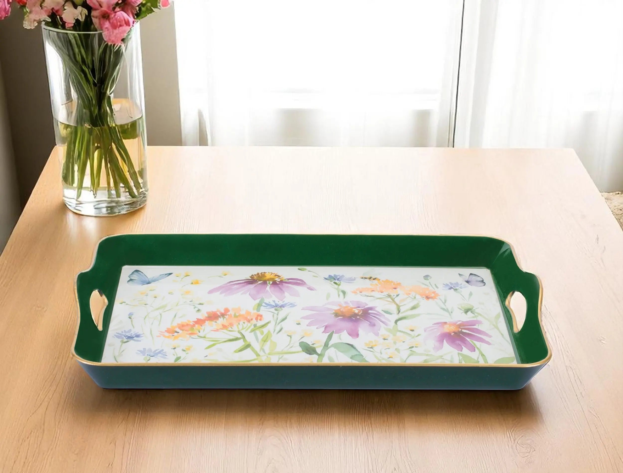 17" Green And White Watercolor Floral Serving Tray With Handles Homeroots Kitchen & Dining