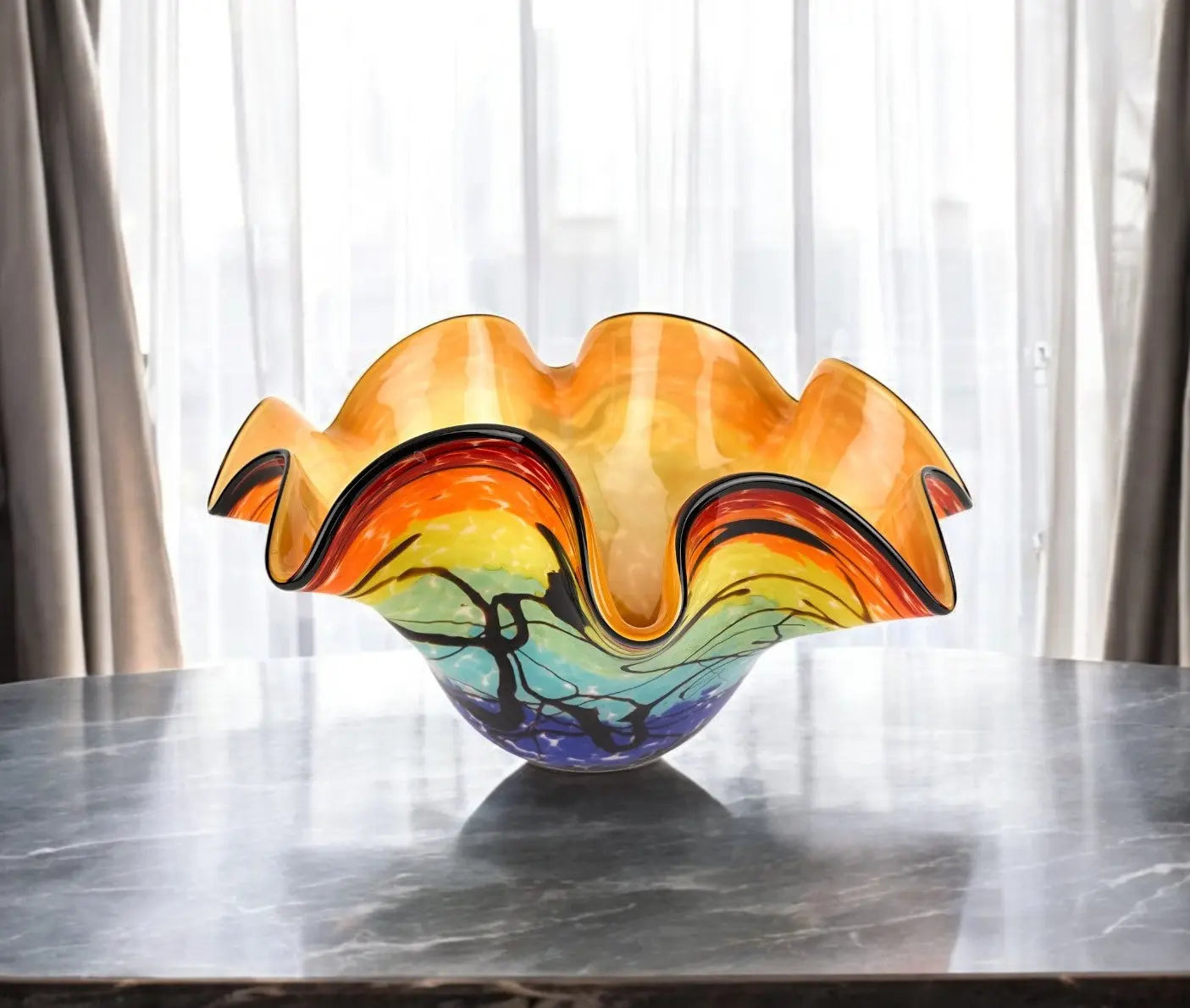 17" Red Yellow and Green Wavy Glass Centerpiece Bowl Homeroots Kitchen & Dining