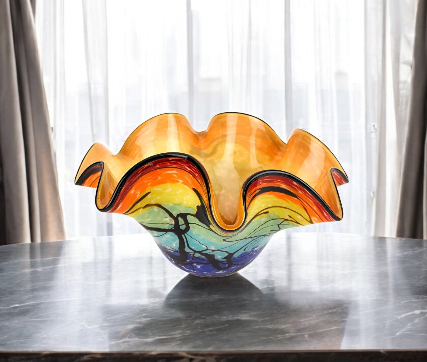 17" Red Yellow and Green Wavy Glass Centerpiece Bowl Homeroots Kitchen & Dining