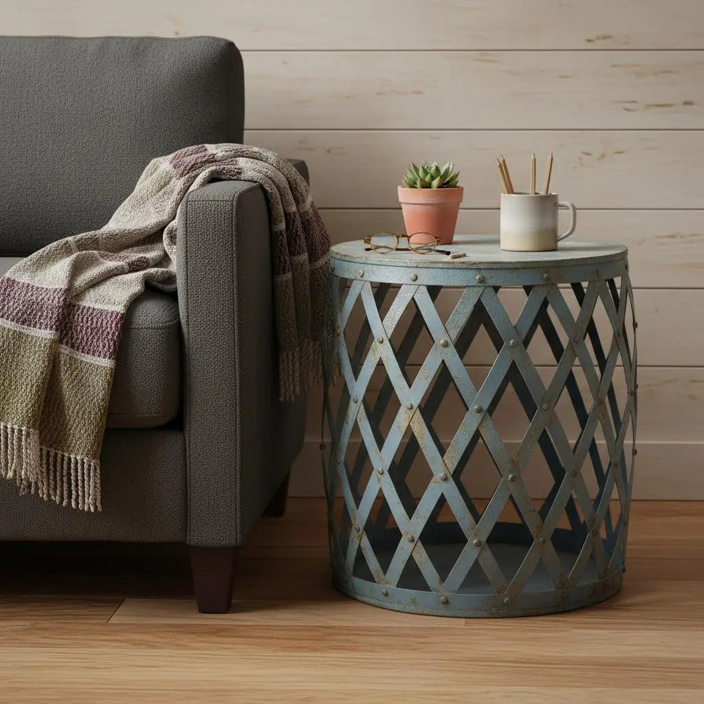 17" Rustic Blue Iron Lattice Round Top End Table Homeroots Living Room