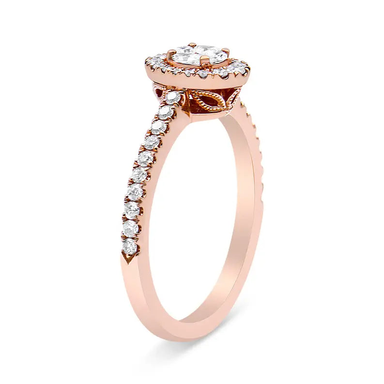 18K Rose Gold 1/2 Cttw Composite Marquise Composite Diamond Oval Shaped Halo Engagement Ring (F-G Color, VS1-VS2 Clarity) Luxcom