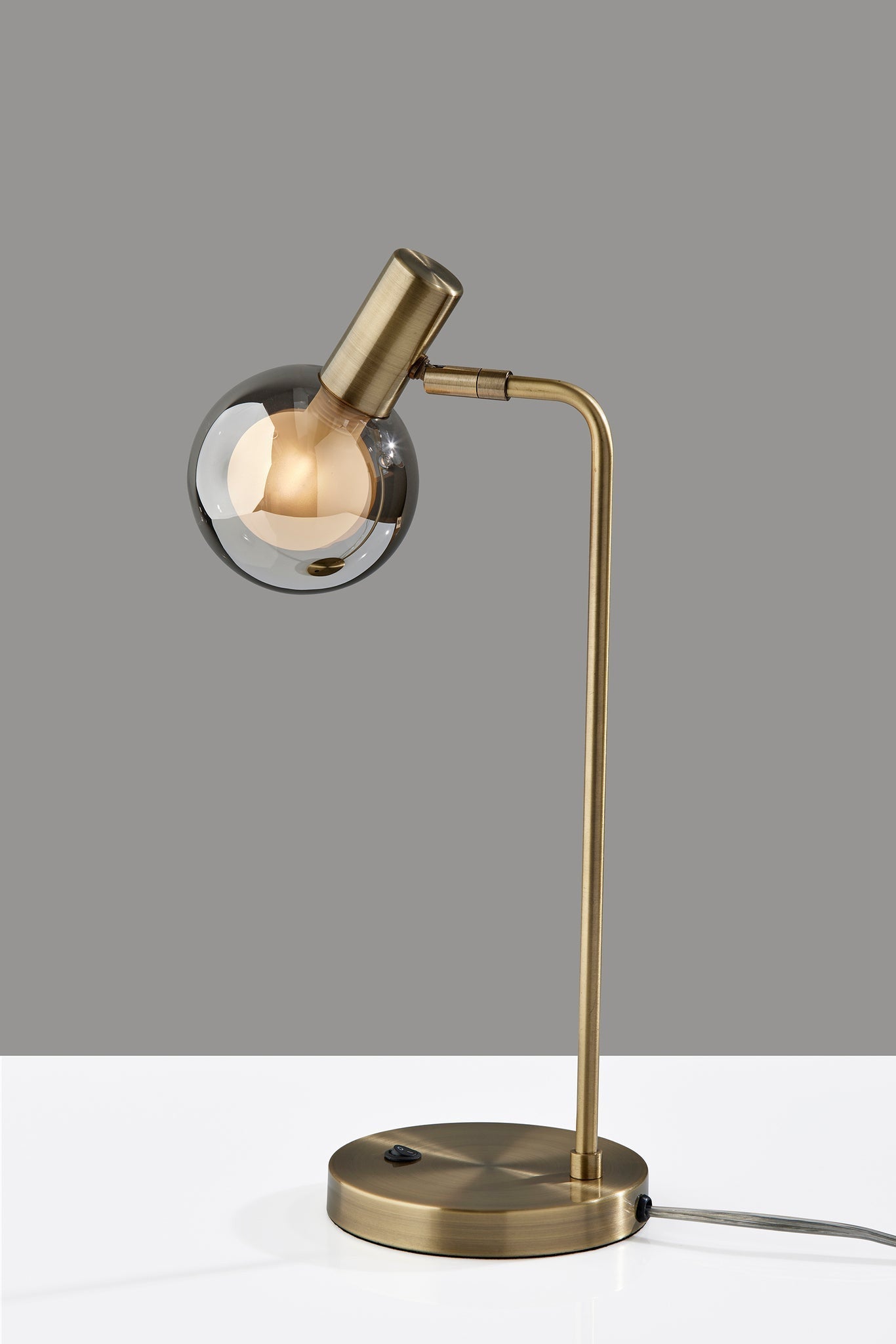 18" Antiqued Brass Metal Cylinder Desk Table Lamp With Gray Globe Shade With Starling LED Bulb - GreatEagleInc