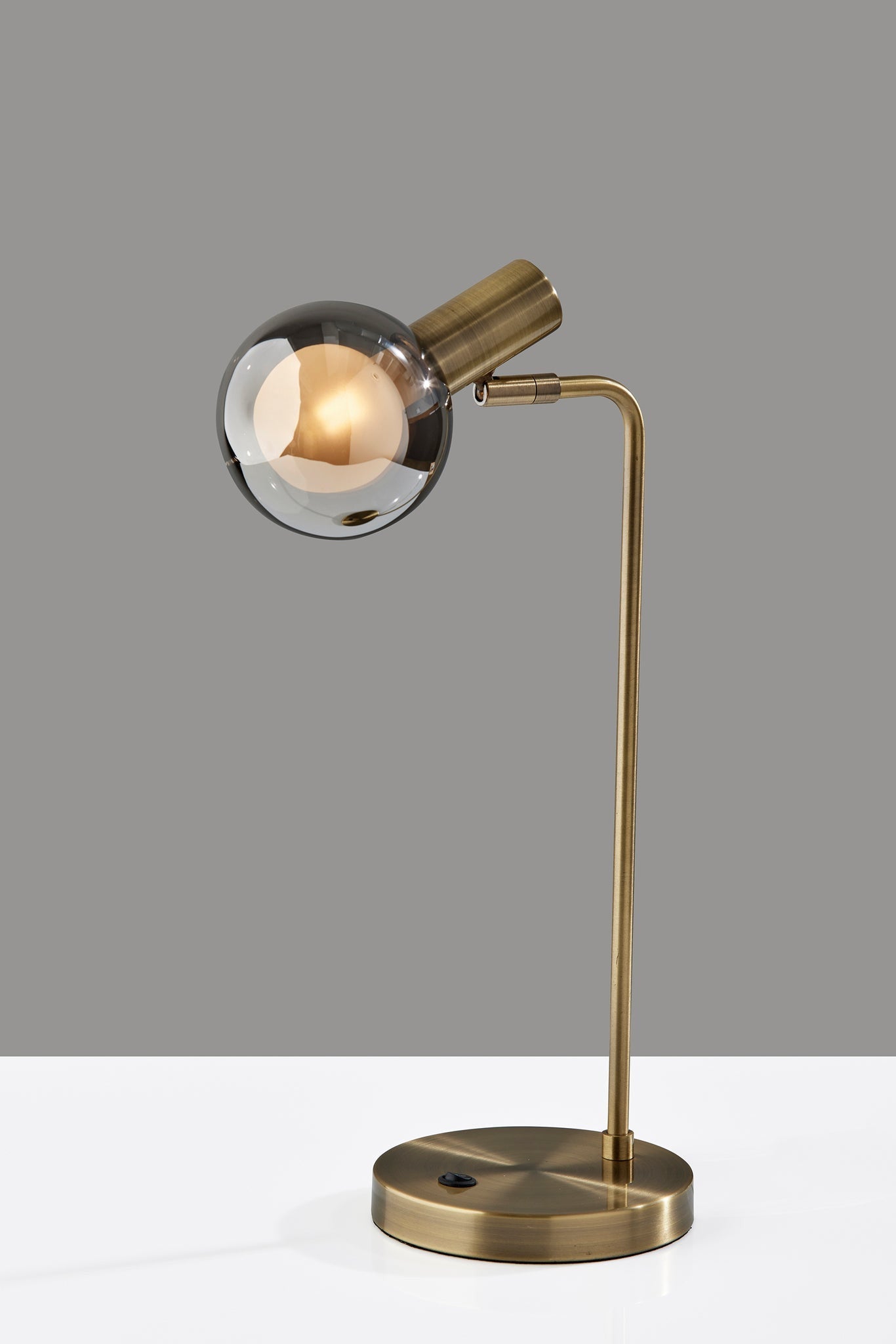 18" Antiqued Brass Metal Cylinder Desk Table Lamp With Gray Globe Shade With Starling LED Bulb - GreatEagleInc