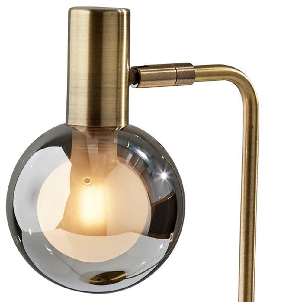 18" Antiqued Brass Metal Cylinder Desk Table Lamp With Gray Globe Shade With Starling LED Bulb - GreatEagleInc